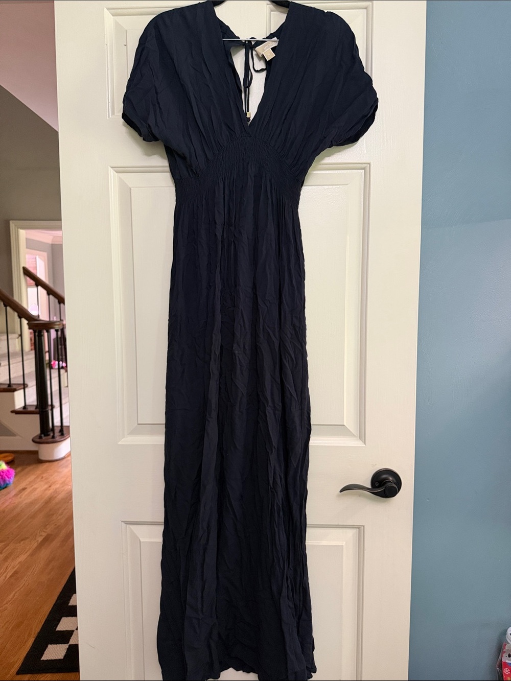 Michael Kors Navy V-Neck Smocked Waist Maxi Dress